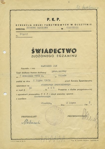 KKE 5606.jpg - Dok. Świadectwo egzaminu na starszego zwrotniczego wystawione przez Dyrekcję Kolei Państwowych w Olsztynie dla Jana Małyszko, Olsztyn, 2 VII 1947 r.